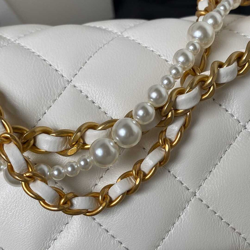 Ch*el mini flap bag shiny lambskin, imitation pearls & gold-tone metal white