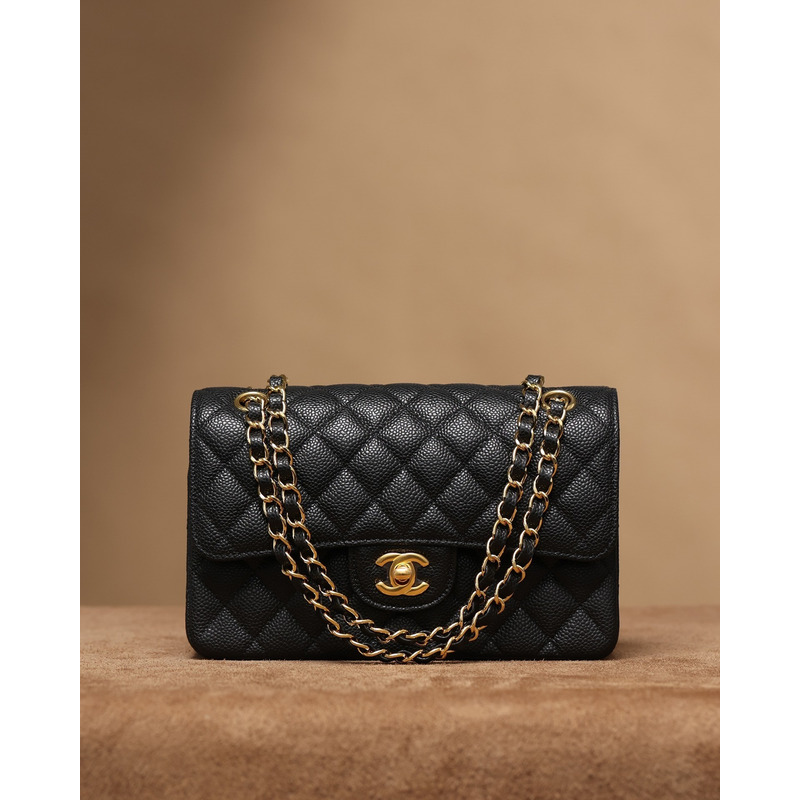 Ch*el small caviar gold classic flap bag black