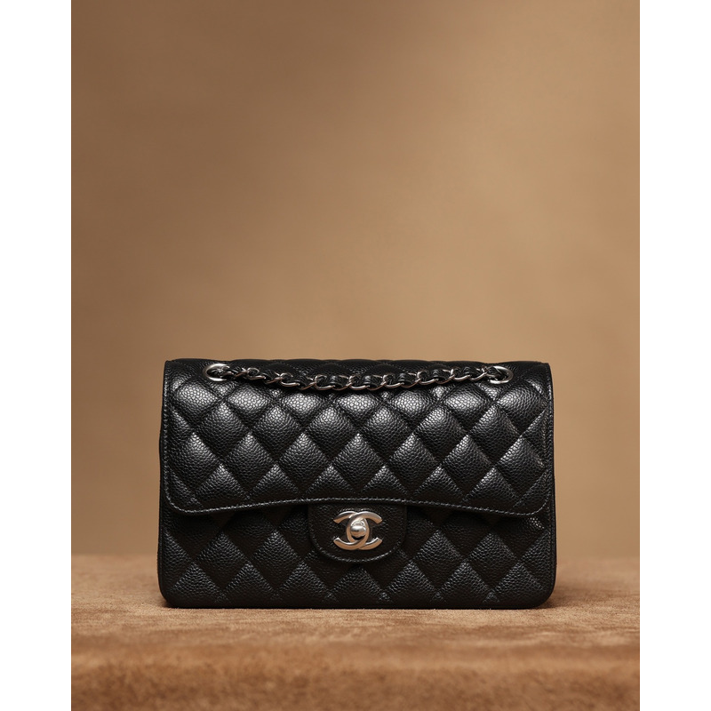 Ch*el small caviar silver classic flap bag black