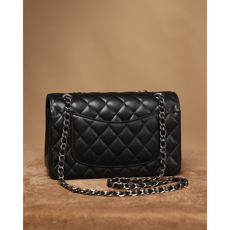 Ch*el small caviar silver classic flap bag black