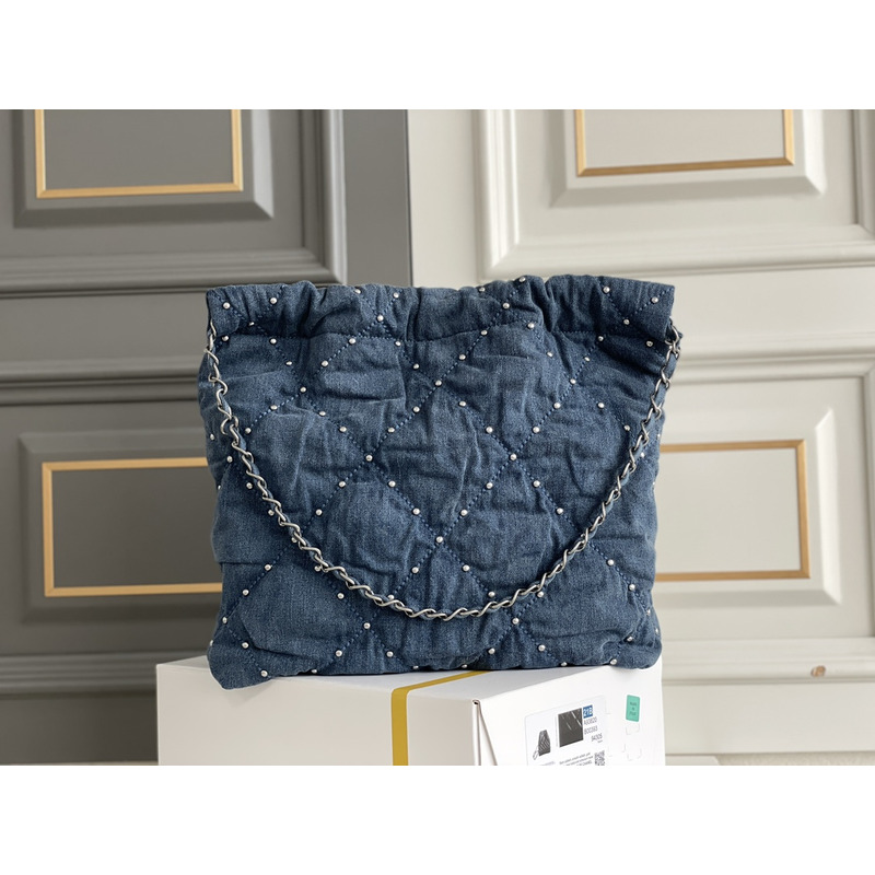 Ch*el 22 handbag washed denim & silver-tone metal blue