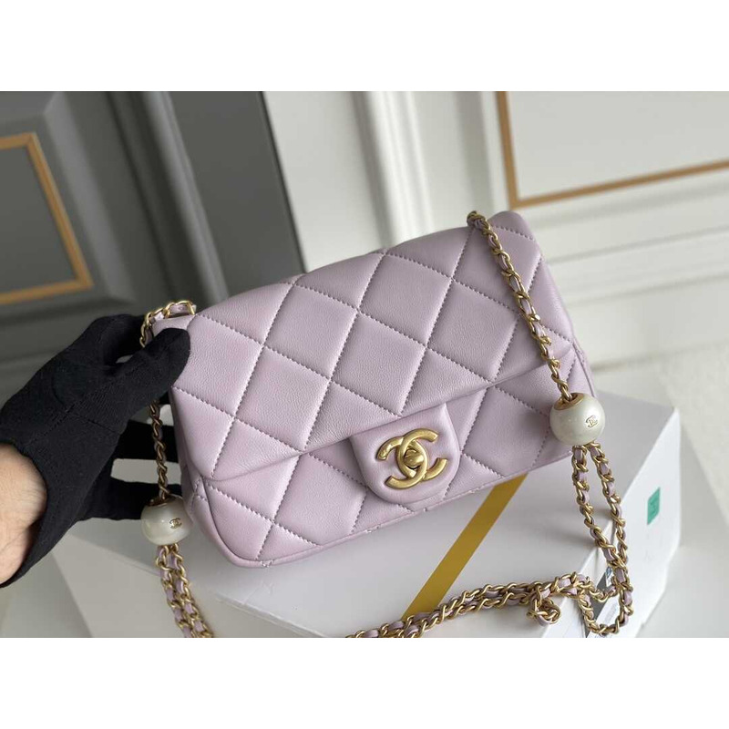 Ch*el mini flap bag lambskin imitation pearls & gold-tone metal pink