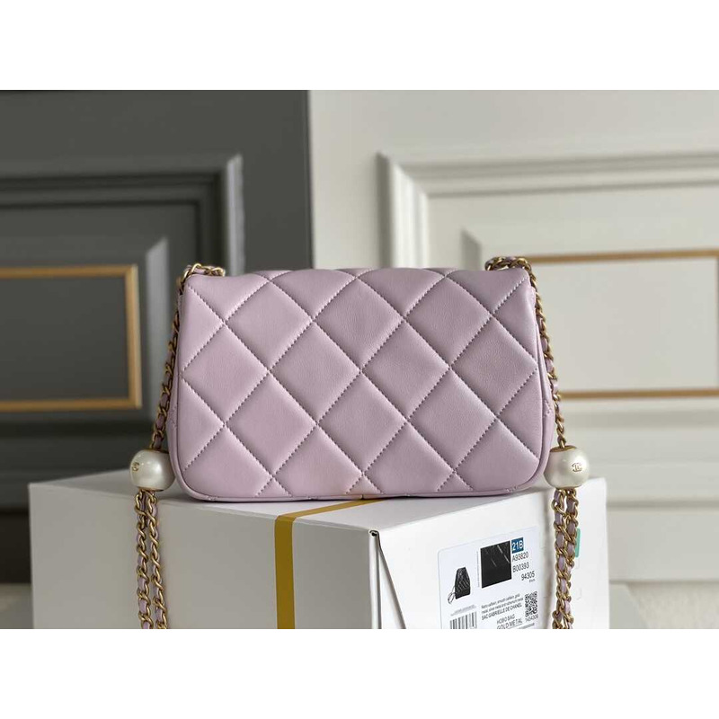 Ch*el mini flap bag lambskin imitation pearls & gold-tone metal pink