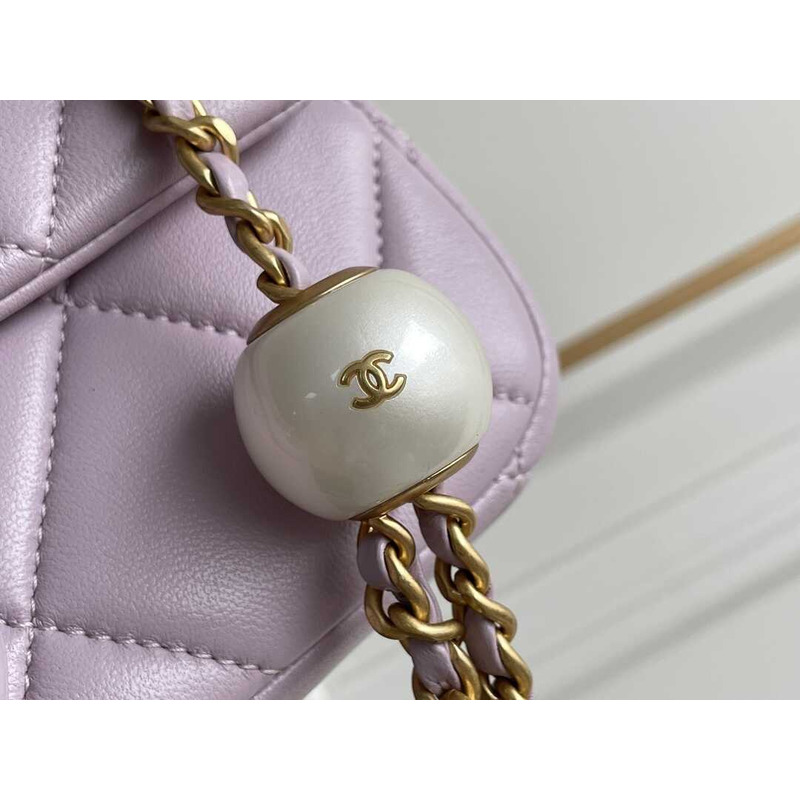 Ch*el mini flap bag lambskin imitation pearls & gold-tone metal pink