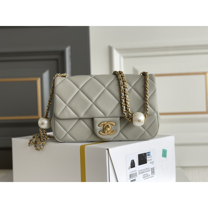 Ch*el mini flap bag lambskin imitation pearls & gold-tone metal grey