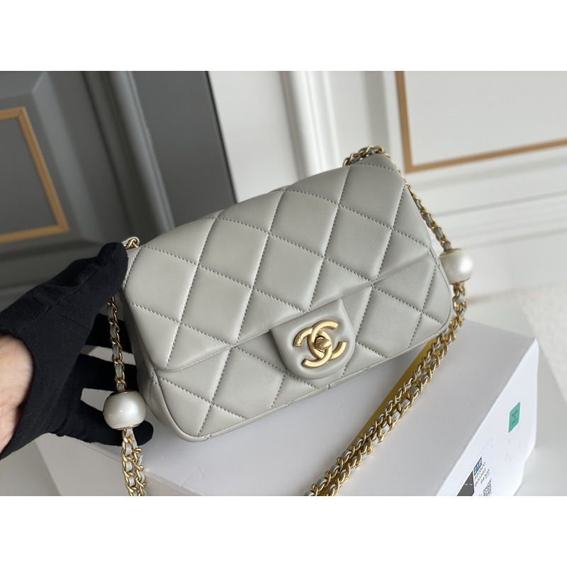 Ch*el mini flap bag lambskin imitation pearls & gold-tone metal grey