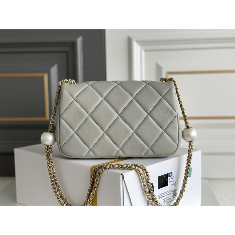 Ch*el mini flap bag lambskin imitation pearls & gold-tone metal grey