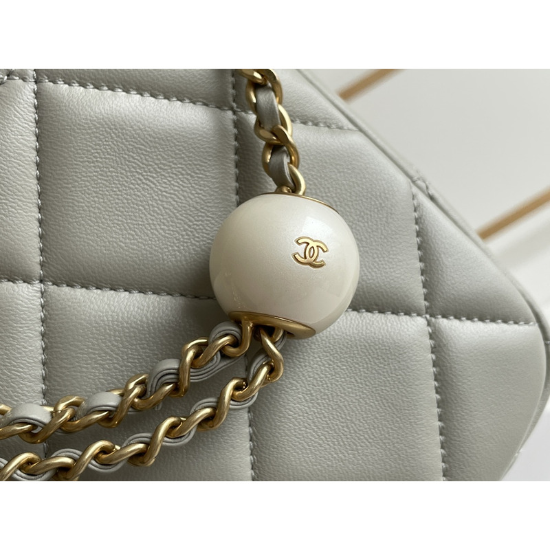 Ch*el shoulder bag lambskin imitation pearls & gold-tone metal gray