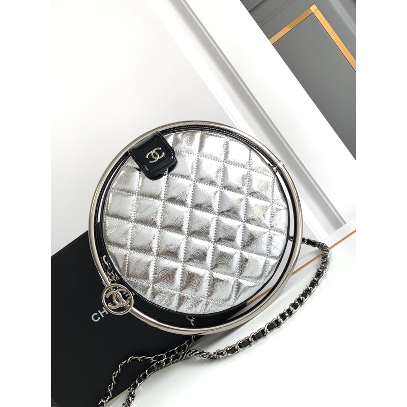 Ch*el metallic calfskin quilted round bracelet clutch with chain silver