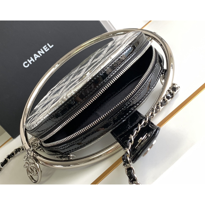 Ch*el metallic calfskin quilted round bracelet clutch with chain silver