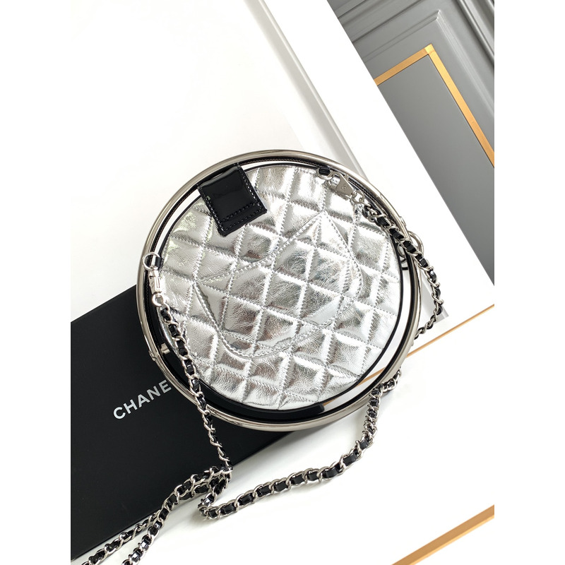 Ch*el metallic calfskin quilted round bracelet clutch with chain silver