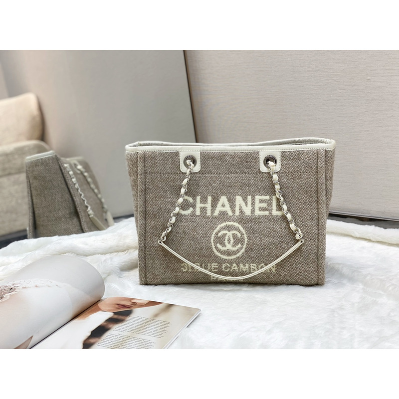 Ch*el deauville chain tote bag in beige/gray