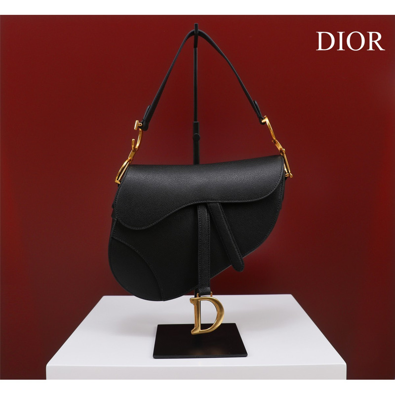 D*or saddle bag with shoulder strap  black grained calfskin