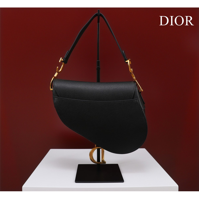 D*or saddle bag with shoulder strap  black grained calfskin