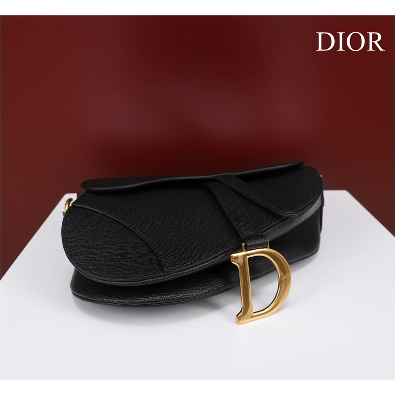 D*or saddle bag with shoulder strap  black grained calfskin