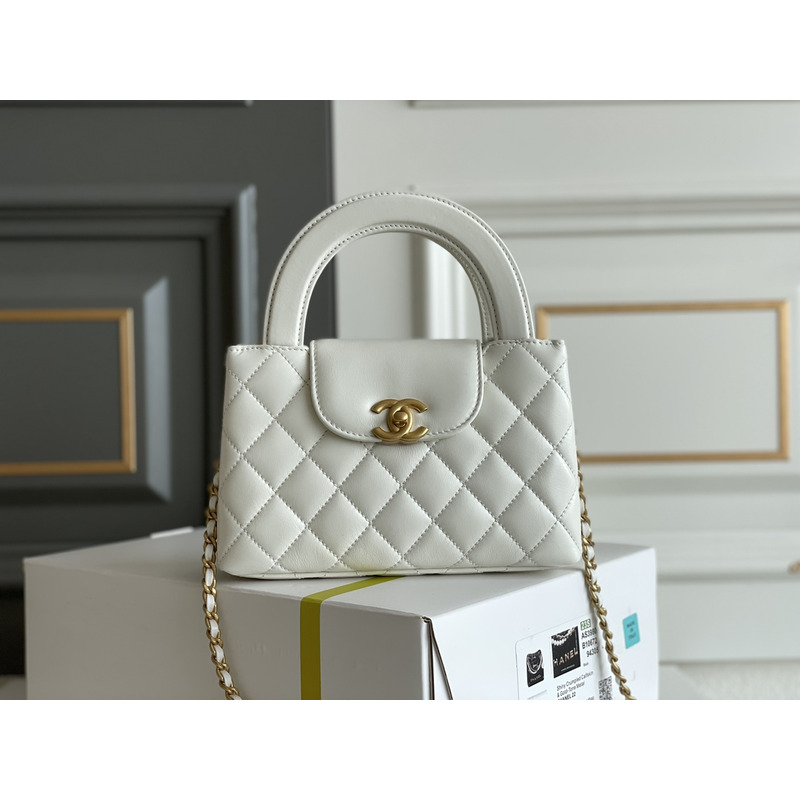 Ch*el mini shopping bag calfskin & gold-tone metal white