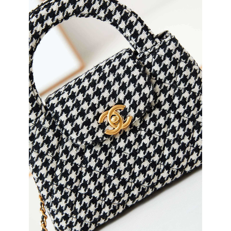 Ch*el mini kelly shopping bag cotton tweed black and white