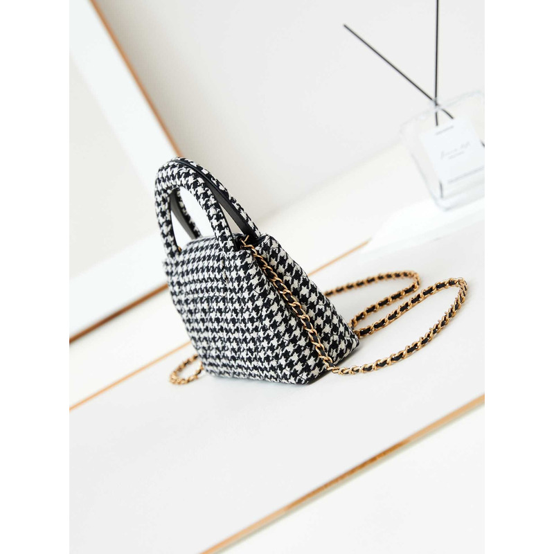 Ch*el mini kelly shopping bag cotton tweed black and white