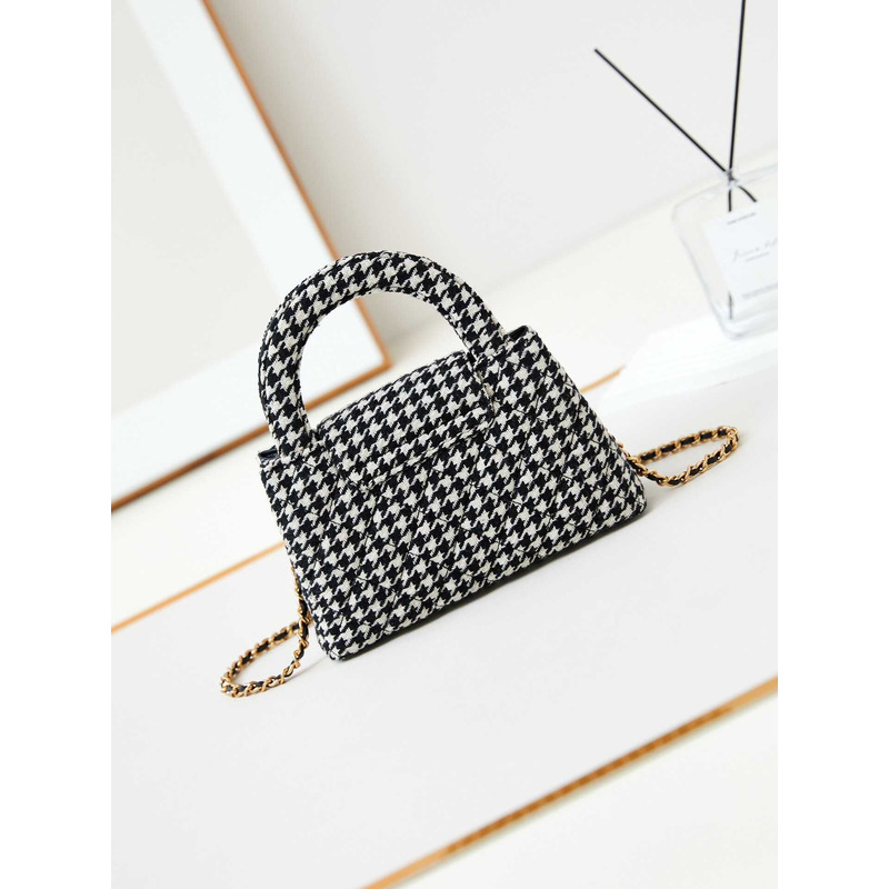 Ch*el mini kelly shopping bag cotton tweed black and white