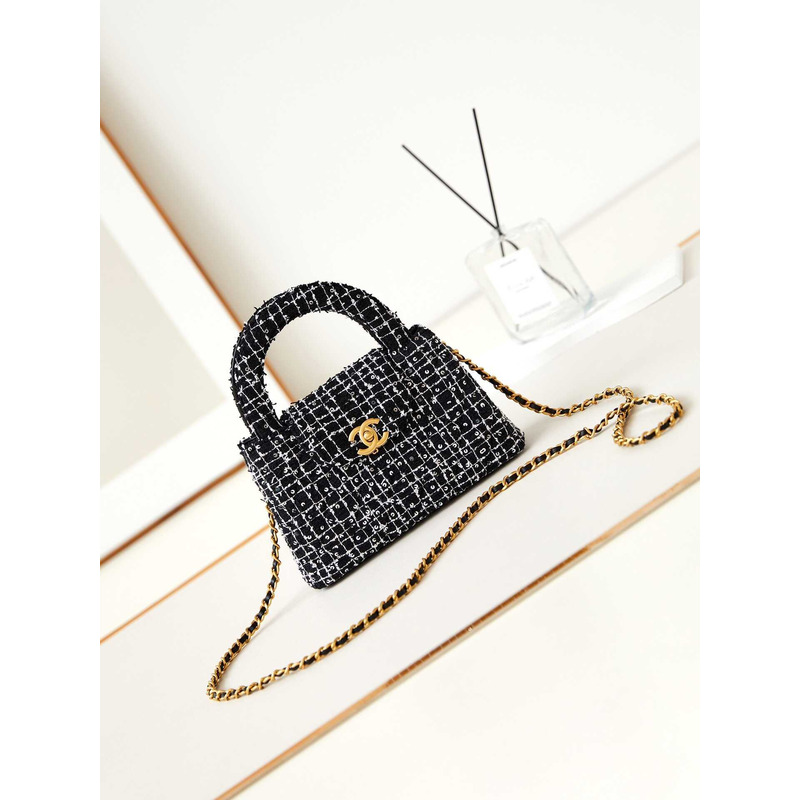 Ch*el mini kelly shopping bag cotton tweed black