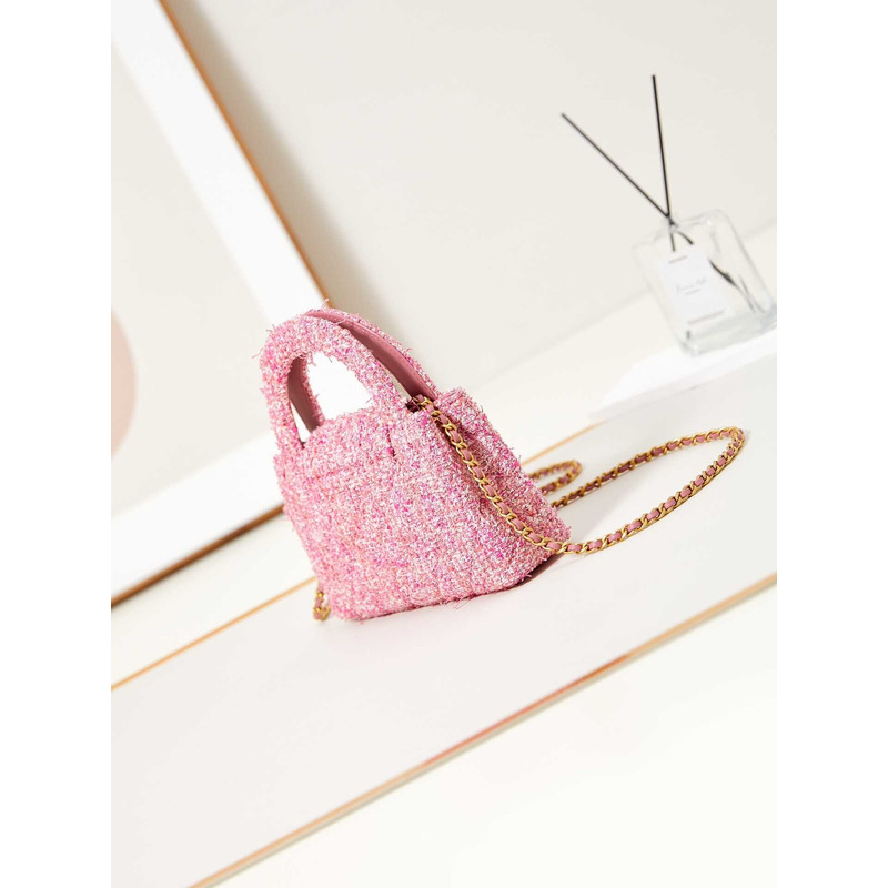 Ch*el mini kelly shopping bag cotton tweed pink