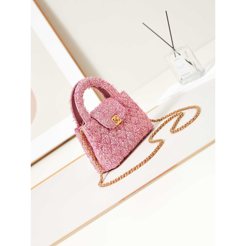 Ch*el mini kelly shopping bag cotton tweed pink