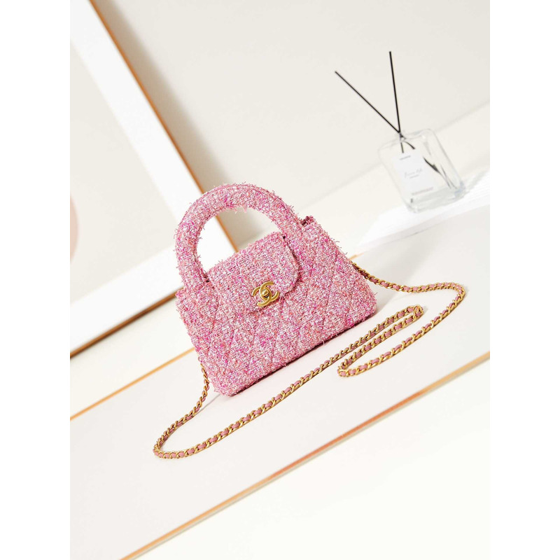 Ch*el mini kelly shopping bag cotton tweed pink