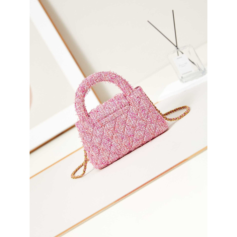 Ch*el mini kelly shopping bag cotton tweed pink