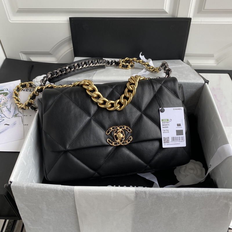 Ch*el 19 black handbag gold