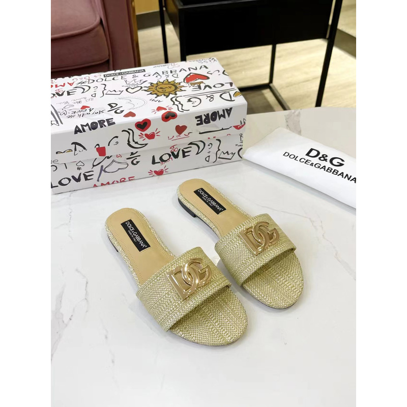 Dolce & Gabbana Bianca Raffia Sliders Beige