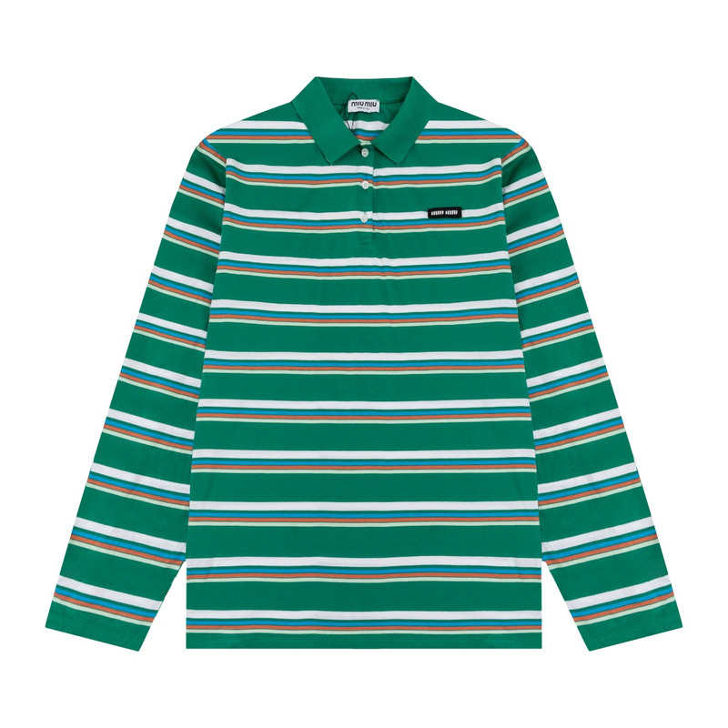 Miu Miu Jersey Polo Shirt Stripes Cotton Green