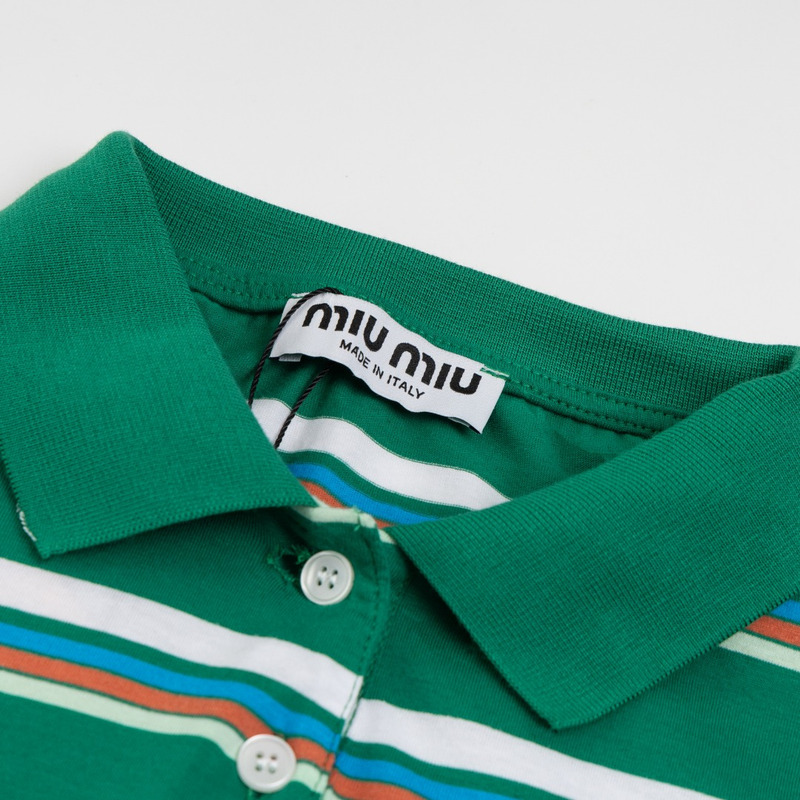 Miu Miu Jersey Polo Shirt Stripes Cotton Green