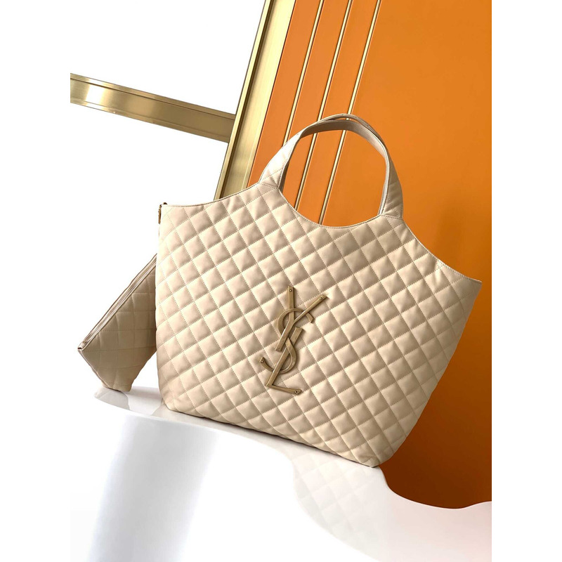 Saint Laurent Icare Maxi Shopping Bag in Quilted Nubuck Suede Beige