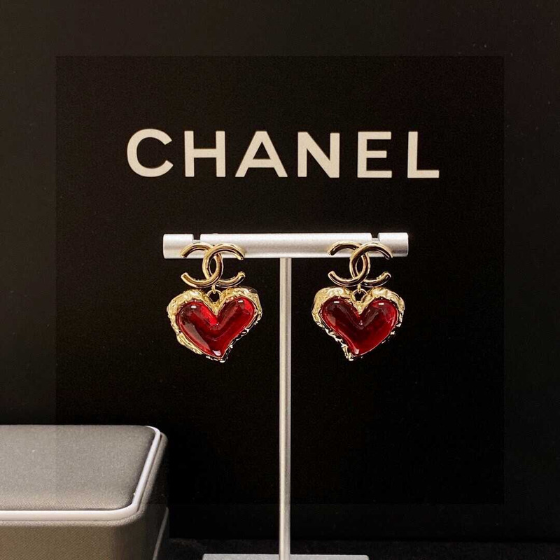 Ch*el love rhinestone earrings gold logo red