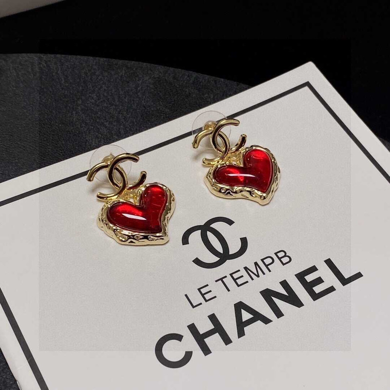 Ch*el love rhinestone earrings gold logo red