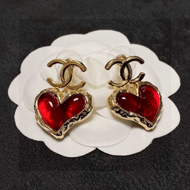 Ch*el love rhinestone earrings gold logo red