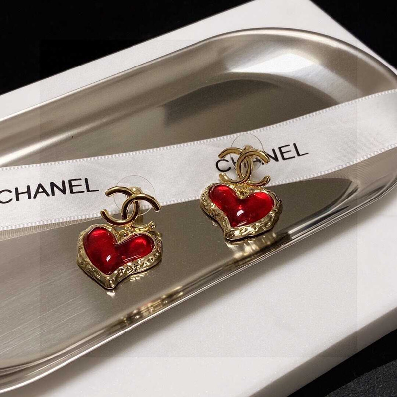 Ch*el love rhinestone earrings gold logo red