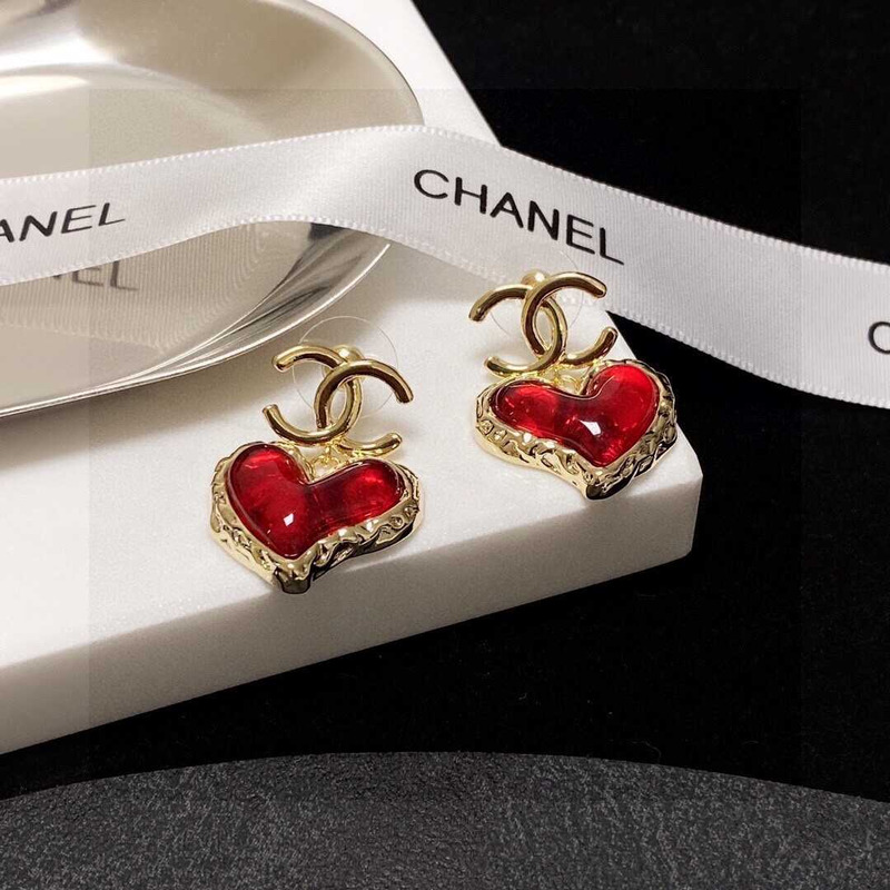 Ch*el love rhinestone earrings gold logo red