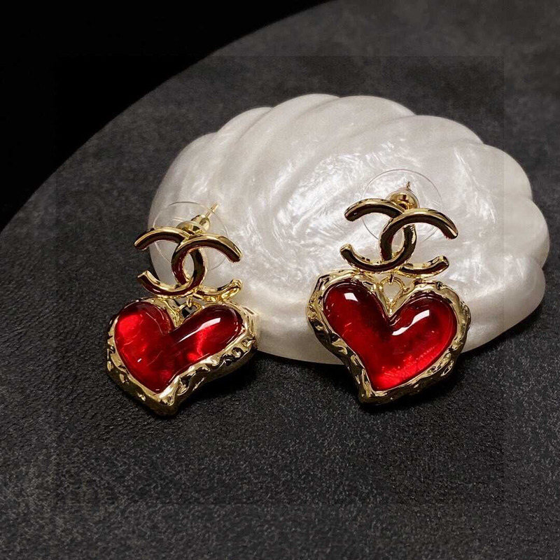 Ch*el love rhinestone earrings gold logo red