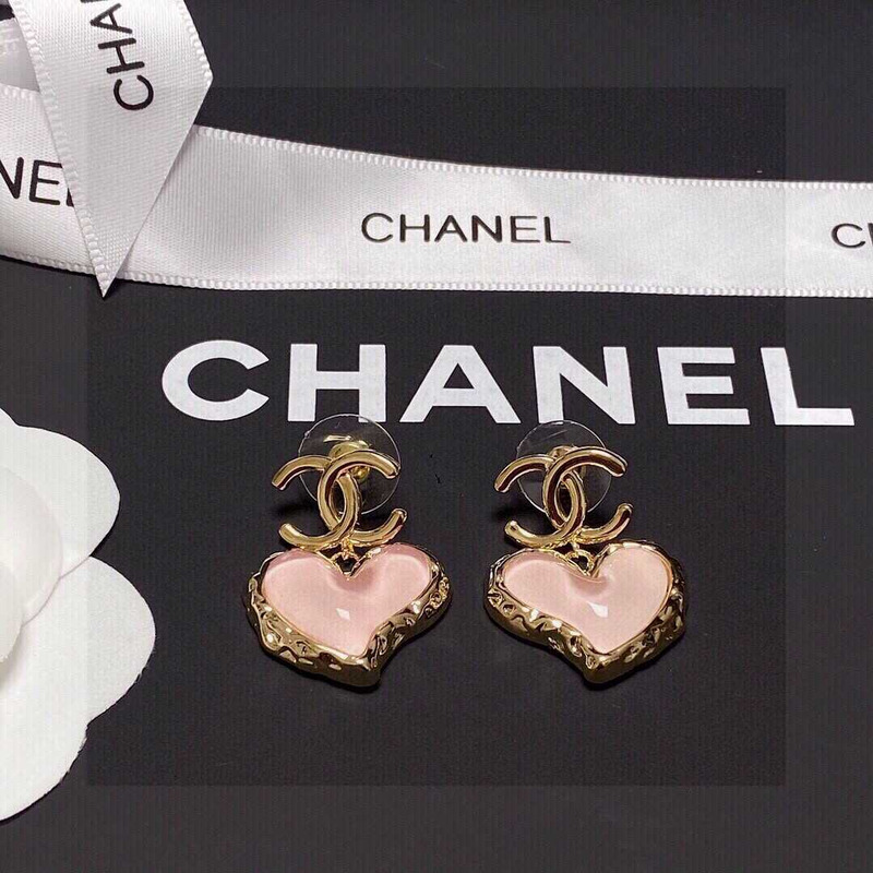 Ch*el love rhinestone earrings gold logo pink