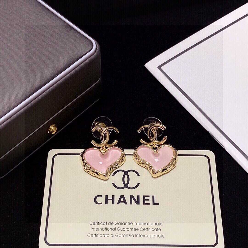 Ch*el love rhinestone earrings gold logo pink