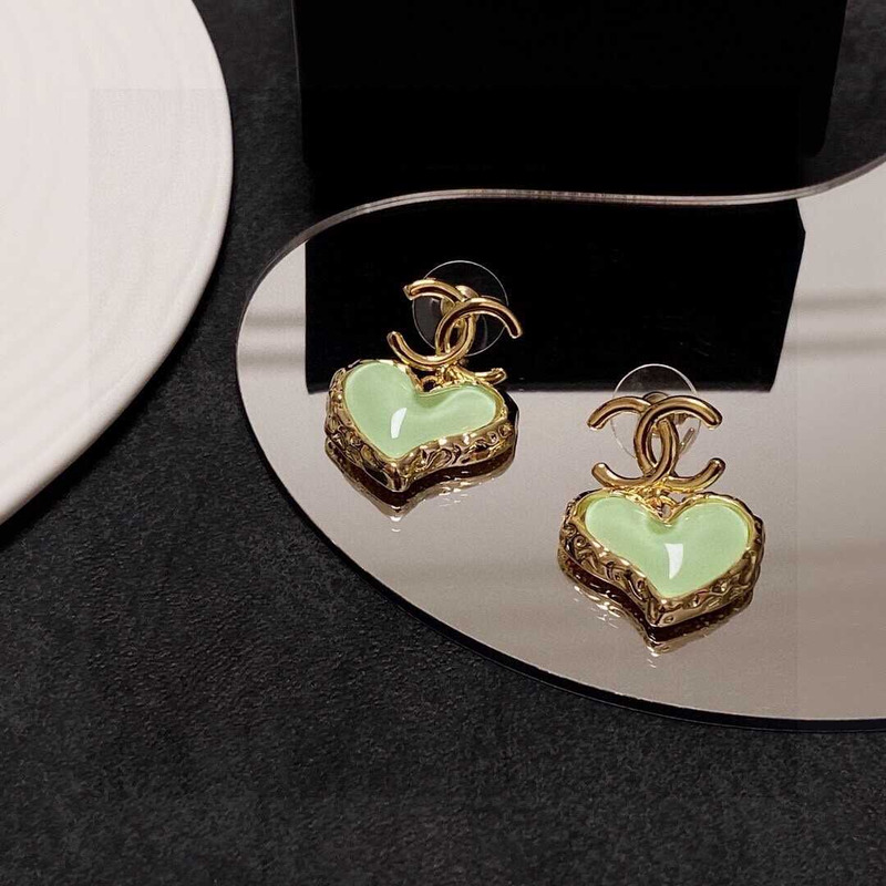 Ch*el love rhinestone earrings gold logo green