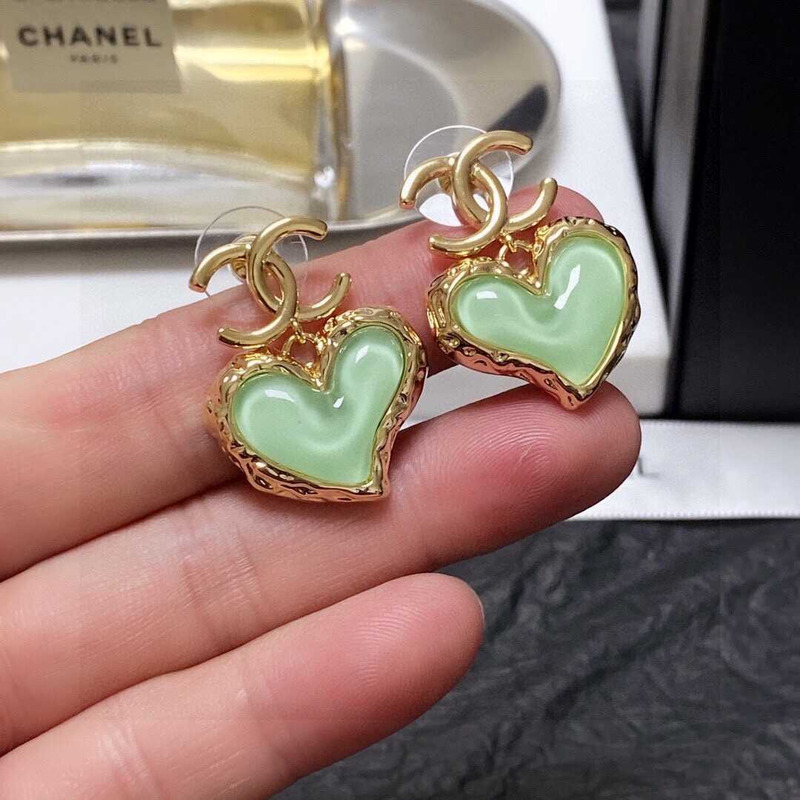 Ch*el love rhinestone earrings gold logo green