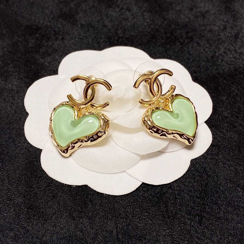 Ch*el love rhinestone earrings gold logo green