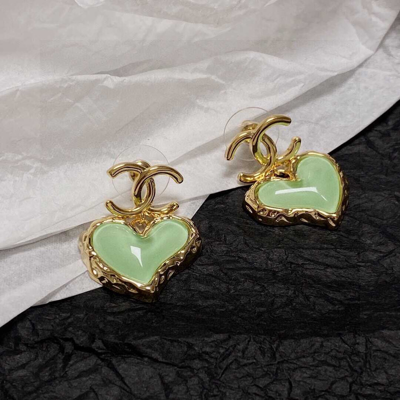 Ch*el love rhinestone earrings gold logo green