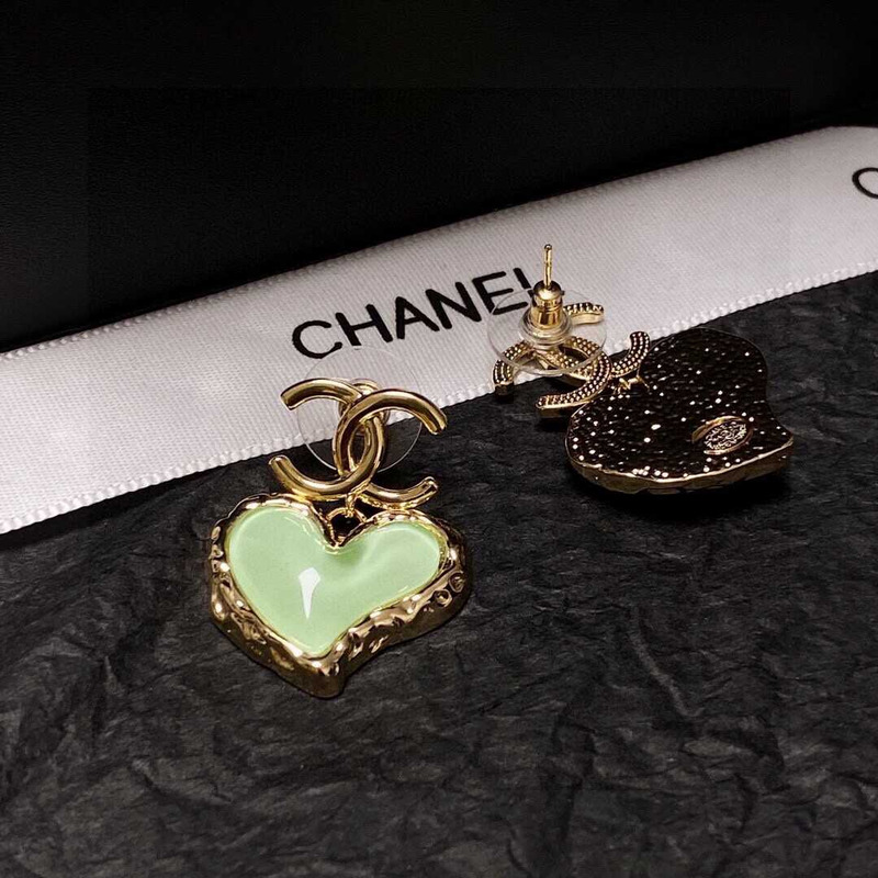 Ch*el love rhinestone earrings gold logo green