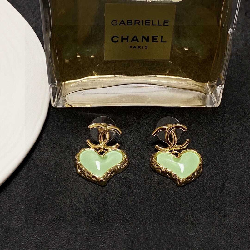 Ch*el love rhinestone earrings gold logo green