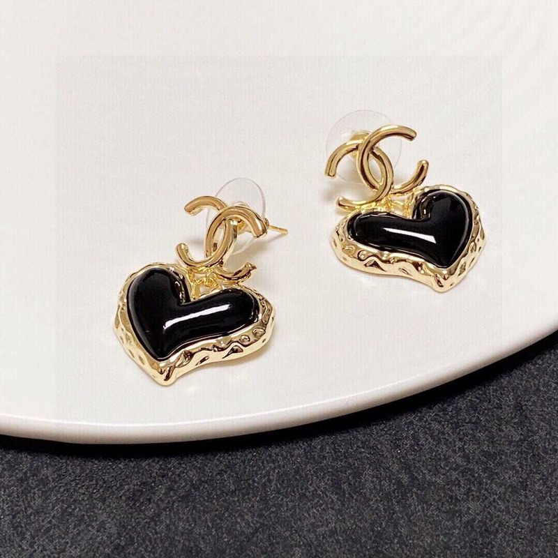 Ch*el love rhinestone earrings gold logo black