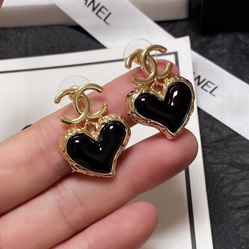 Ch*el love rhinestone earrings gold logo black