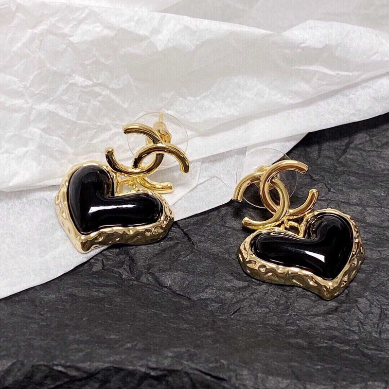 Ch*el love rhinestone earrings gold logo black